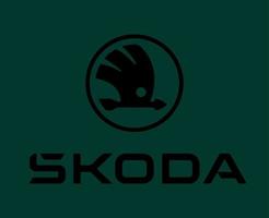 skoda varumärke logotyp symbol med namn svart design tjeck bil bil vektor illustration med grön bakgrund