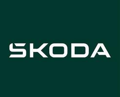 skoda varumärke logotyp symbol namn vit design tjeck bil bil vektor illustration med grön bakgrund