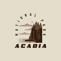 Acadia National Park Logo Jahrgang Vektor Illustration Vorlage Symbol Grafik Design. Zeichen oder Symbol zum Tourismus von Amerika Reise Geschäft mit retro Typografie Stil