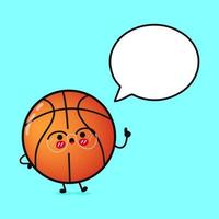 süß komisch Basketball mit Rede Blase. Vektor Hand gezeichnet Karikatur kawaii Charakter Illustration Symbol. isoliert auf Blau Hintergrund. Basketball Ball Charakter Konzept