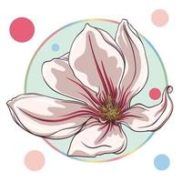 Rosa Magnolie Blume, Lotus Blume, isoliert im ein Türkis Kreis auf ein Weiß Hintergrund mit bunt Punkte. Grün Blätter, öffnen Knospen, geschlossen Knospen, Rosa Blumen. Vektor Illustration. Abstraktion