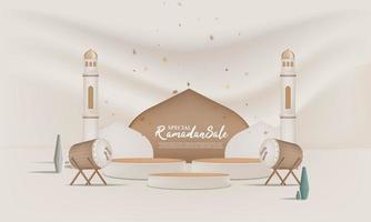 Ramadan Verkauf Hintergrund 3d mit Podium, Laterne zum Gruß, Banner, Poster vektor