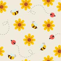 sömlösa mönster med söta bin, nyckelpiga och blommor vektor
