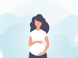 ein schwanger Mädchen hält ihr Hände auf ihr Magen. Banner im Blau Töne. Vektor Illustration.