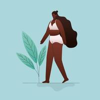 Plus Size schwarze Frau in Unterwäsche mit Blättern Vektor-Design vektor