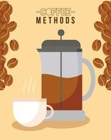 kaffemetoder med fransk press, kopp och bönor vektordesign vektor