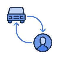 Auto und Mann in Verbindung gebracht mit Pfeile Vektor Auto Vermietung Konzept Blau Symbol