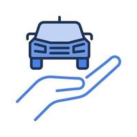 hand med fordon vektor bil uthyrning begrepp blå ikon eller tecken