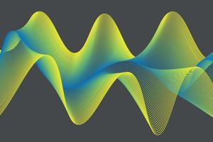 abstrakt gul och blå rader på en svart bakgrund. linje konst. vektor illustration. färgrik skinande Vinka med rader skapas använder sig av blandning verktyg. böjd vågig linje, slät stripe.design element.