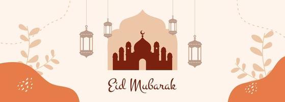 eid Mubarak Banner Hintergrund mit Laternen und Moschee. vektor