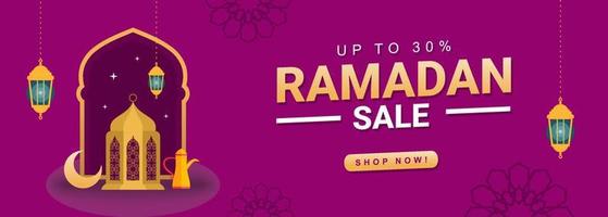 Ramadan Verkauf Banner Hintergrund mit Laterne, Mond und Teekanne. vektor