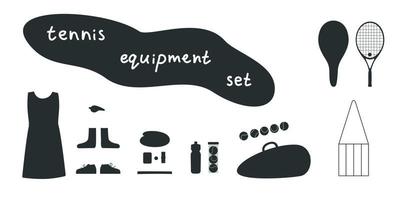 eben Vektor Silhouette Illustration. Hand gezeichnet Tennis Ausrüstung und Ausrüstung, Schläger, Bälle.