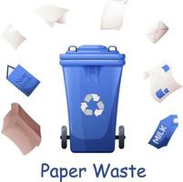 återvinningsbar avfall, papper och kartong skräp med soptunna. miljö skydd, hållbar utveckling, grön levande, ecolife vektor