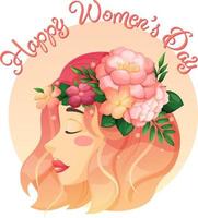 vykort för internationell kvinnors dag, skön kvinna i rosa med blommig krans på huvud, flicka med blommor vektor