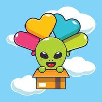 süß Außerirdischer im Karton Box fliegend mit Ballon. vektor