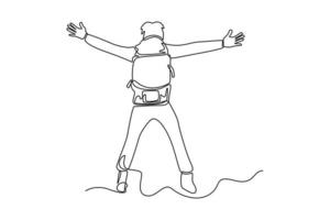 kontinuierlich einer Linie Zeichnung glücklich Mann mit Tasche Verbreitung Hände. Reise Erfahrung Konzept. Single Linie zeichnen Design Vektor Grafik Illustration.