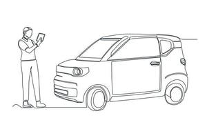 enda ett linje teckning mekaniker i enhetlig framställning anteckningar medan granskning bil i bil service. bil service begrepp. kontinuerlig linje dra design grafisk vektor illustration.