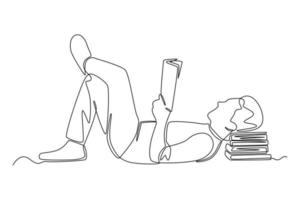 Single einer Linie Zeichnung glücklich Junge Verlegung entspannt während lesen Buch. Welt Buch Tag Konzept. kontinuierlich Linie zeichnen Design Grafik Vektor Illustration.