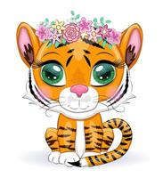 söt tecknad serie tiger med skön ögon, ljus, orange för hälsning kort vektor