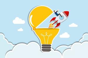 innovation aning, företagande eller börja, kreativitet till Börja företag eller genombrott aning begrepp, innovativ raket lansera flygande hög från öppning ljus glödlampa aning. papper skära stil vektor