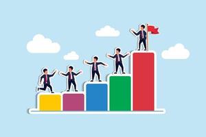 Zusammenarbeit zu Erfolg zusammen, Partnerschaft Unterstützung zu Hilfe Geschäft wachsend, Mannschaft Zusammenarbeit oder Mentor und Ausbildung Konzept, Geschäft Menschen Hilfe Mannschaft Klettern Wachstum Diagramm. Papier Schnitt Stil vektor