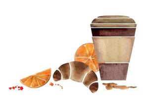 Aquarell Hand gezeichnet Komposition mit Papier Kaffee Tassen, Taschen, Croissants, Orange Scheiben, Blätter. isoliert auf Weiß Hintergrund. zum Einladungen, Cafe, Restaurant Essen Speisekarte, drucken, Webseite, Karten vektor