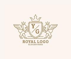 första yg brev lejon kunglig lyx heraldisk, vapen logotyp mall i vektor konst för restaurang, kungligheter, boutique, Kafé, hotell, heraldisk, Smycken, mode och Övrig vektor illustration.