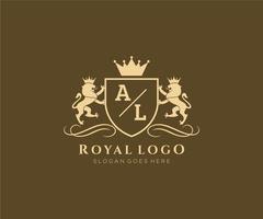 första al brev lejon kunglig lyx heraldisk, vapen logotyp mall i vektor konst för restaurang, kungligheter, boutique, Kafé, hotell, heraldisk, Smycken, mode och Övrig vektor illustration.