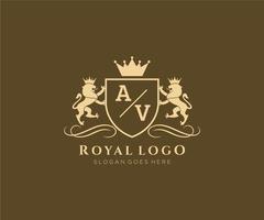 Initiale ein V Brief Löwe königlich Luxus heraldisch, Wappen Logo Vorlage im Vektor Kunst zum Restaurant, Königtum, Boutique, Cafe, Hotel, heraldisch, Schmuck, Mode und andere Vektor Illustration.