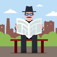 Spion sitzt auf einer Bank mit einer Zeitung in den Händen und einem Hut. geheimer Beobachtercharakter. flache Vektorillustration.