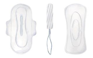 uppsättning av vit rena sanitär dynor och tampong. kvinnors personlig hygien produkt. vit hygienisk vaddera. vattenfärg illustration. isolerat. vektor
