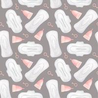 sömlös mönster av menstruations- dynor och menstruations- kopp på en grå bakgrund. förpackning för kvinna intim hygien Produkter. personlig hygien produkt för kvinnor. vattenfärg illustration. vektor