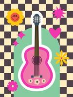 70er Jahre retro groovig Hippie Konzept. Gitarre, groovig Blumen, Sterne auf kariert Tafel. Poster, Karte, Flyer, Mauer Kunst Grafik Design. retro Wiederbelebung Stimmung vektor