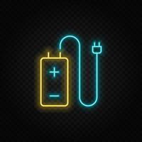 Batterie, Ladegerät Neon- Vektor Symbol. Blau und Gelb Neon- Vektor Symbol. Vektor transparent Hintergrund