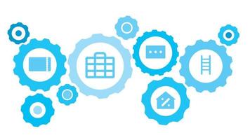 in Verbindung gebracht Getriebe und Vektor Symbole zum Logistik, Service, Versand, Verteilung, Transport, Markt, kommunizieren Konzepte. Geschäft, Metapher, Perle Ausrüstung Blau Symbol einstellen auf Weiß Hintergrund
