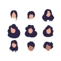 stor uppsättning av ansikten av flickor med annorlunda frisyrer och annorlunda nationaliteter. isolerat. platt stil. vektor