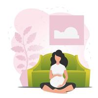 schwanger Frau im Schmetterling Pose. Yoga posiert im das Schmetterling oder Lotus Position. Karikatur Stil. vektor