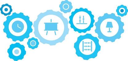 in Verbindung gebracht Getriebe und Symbole zum Logistik, Service, Versand, Verteilung, Transport, Markt, kommunizieren Konzepte, Lampe Ausrüstung Blau Symbol Satz. Lieferung Mechanismus Konzept. auf Weiß Hintergrund vektor