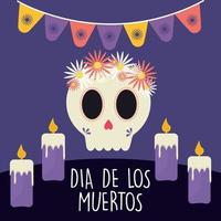 mexikanischer Tag des toten Schädels mit Blumen und Kerzenvektorentwurf vektor