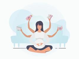 yoga för gravid kvinnor. aktiva väl byggd gravid kvinna karaktär. vykort eller affisch i mild färger för du. vektor illustration i tecknad serie stil.