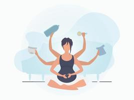 yoga för gravid kvinnor. Lycklig graviditet. baner i blå färger för din design. vektor illustration i tecknad serie stil.