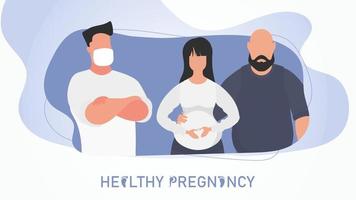 friska graviditet affisch. en gravid kvinna och henne Make på en läkares utnämning. vektor illustration.