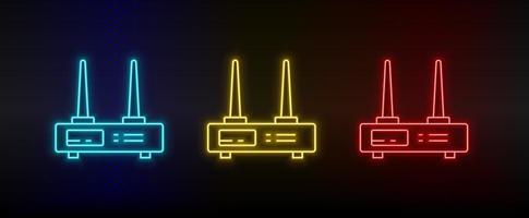 neon ikon uppsättning modem router. uppsättning av röd, blå, gul neon vektor ikon på genomskinlighet mörk bakgrund
