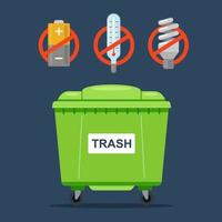 förbjudet avfall som inte får kastas i en vanlig avfallsbehållare. termometrar, batterier och lysrör. platt vektorillustration.