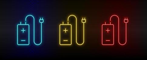 Neon- Symbol einstellen Batterie, Ladegerät. einstellen von Rot, Blau, Gelb Neon- Vektor Symbol auf Transparenz dunkel Hintergrund