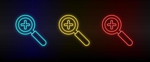 neon ikoner, lupp, zoom i. uppsättning av röd, blå, gul neon vektor ikon på mörkna transparent bakgrund