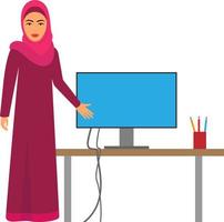 muslim kvinna på arbete, vektor arab företag karaktär på skrivbord i kontor använder sig av dator, saudi tecknad serie affärskvinna