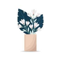 ein Strauß von Blühen Lilien und groß dekorativ Blätter im ein Vase. ein Strauß von Blumen im ein Vase. Vektor Illustration im eben Stil, Boho.