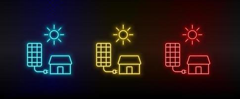 neon ikon uppsättning sol, laddare, Hem. uppsättning av röd, blå, gul neon vektor ikon på genomskinlighet mörk bakgrund