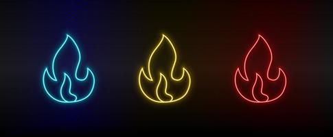 neon ikon uppsättning brinnande, brand. uppsättning av röd, blå, gul neon vektor ikon på genomskinlighet mörk bakgrund